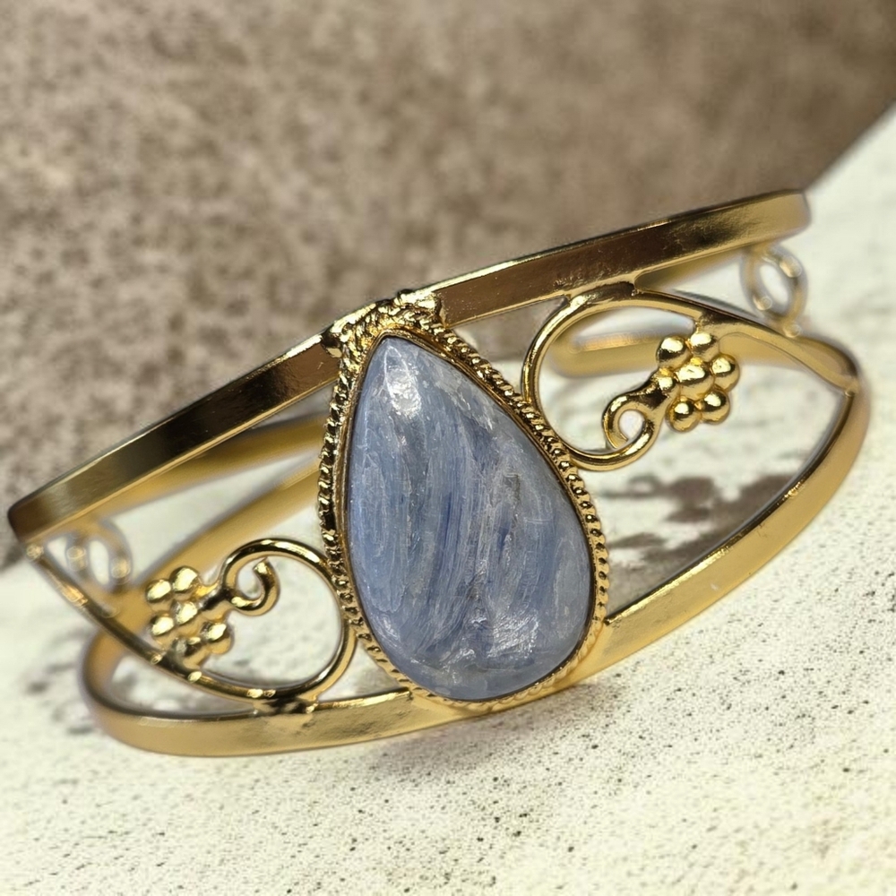 18k Gold Plated Artisan Genuine Kyanite Floral Vines Cuff Bangle Bracelet - Picture 6 of 6